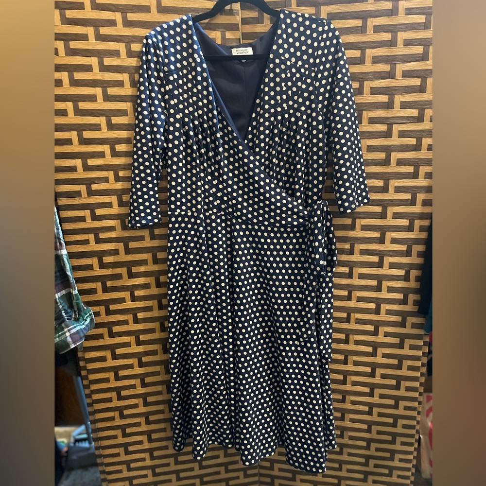 UNIQUE VINTAGE navy blue polka dot wrap dress womens size 2x plus